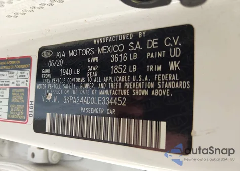 2020 Kia Rio S z USA, uszkodzony, nr VIN 3KPA24AD0LE334452